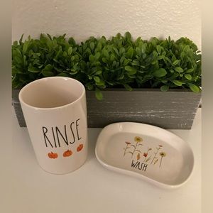 Rea Dunn Bathroom Set  "Rinse" Ceramic Cup & "Wash" Soap Dish